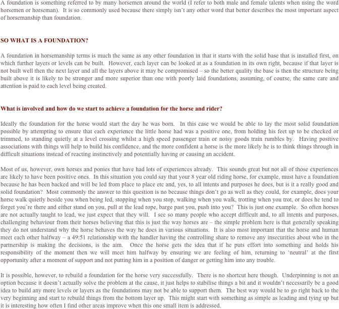 A foundation is something referred to by many horsemen around the world (I refer to both male and female talents when using the word horsemen or horseman).  It is so commonly used because there simply isn’t any other word that better describes the most important aspect of horsemanship than foundation.


SO WHAT IS A FOUNDATION?

A foundation in horsemanship terms is much the same as any other foundation in that it starts with the solid base that is installed first, on which further layers or levels can be built.  However, each layer can be looked at as a foundation in its own right, because if that layer is not built well then the next layer and all the layers above it may be compromised – so the better quality the base is then the structure being built above it is likely to be stronger and more superior than one with poorly laid foundations, assuming, of course, the same care and attention is paid to each level being created.


What is involved and how do we start to achieve a foundation for the horse and rider?

Ideally the foundation for the horse would start the day he was born.  In this case we would be able to lay the most solid foundation possible by attempting to ensure that each experience the little horse had was a positive one, from holding his feet up to be checked or trimmed, to standing quietly at a level crossing whilst a high speed passenger train or noisy goods train rumbles by.  Having positive associations with things will help to build his confidence, and the more confident a horse is the more likely he is to think things through in difficult situations instead of reacting instinctively and potentially having or causing an accident.

Most of us, however, own horses and ponies that have had lots of experiences already.  This sounds great but not all of those experiences are likely to have been positive ones.  In this situation you could say that your 8 year old riding horse, for example, must have a foundation because he has been backed and will be led from place to place etc and, yes, to all intents and purposes he does, but is it a really good and solid foundation?  Most commonly the answer to this question is no because things don’t go as well as they could, for example, does your horse walk quietly beside you when being led, stopping when you stop, walking when you walk, trotting when you trot, or does he tend to forget you’re there and either stand on you, pull at the lead rope, barge past you, push into you?  This is just one example.  So often horses are not actually taught to lead, we just expect that they will.  I see so many people who accept difficult and, to all intents and purposes, challenging behaviour from their horses believing that this is just the way horses are – the simple problem here is that generally speaking they do not understand why the horse behaves the way he does in various situations.  It is also most important that the horse and human meet each other halfway – a 49:51 relationship with the handler having the controlling share to remove any insecurities about who in the partnership is making the decisions, is the aim.  Once the horse gets the idea that if he puts effort into something and holds his responsibility of the moment then we will meet him halfway by ensuring we are feeling of him, returning to ‘neutral’ at the first opportunity after a moment of support and not putting him in a position of danger or getting him into any trouble.

It is possible, however, to rebuild a foundation for the horse very successfully.  There is no shortcut here though.  Underpinning is not an option because it doesn’t actually solve the problem at the cause, it just helps to stabilise things a bit and it wouldn’t necessarily be a good idea to build any more levels or layers as the foundations may not be able to support them.  The best way would be to go right back to the very beginning and start to rebuild things from the bottom layer up.  This might start with something as simple as leading and tying up but it is interesting how often I find other areas improve when this one small item is addressed.